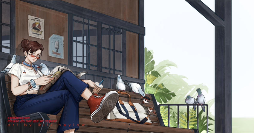 1girl alternate_costume bag bench bird bracelet branch brown_hair bubble_tea cammy_white capcom casual character_charm charm_(object) chun-li crop_top crossed_legs denim double_bun english_text glasses guile hair_bun handbag heylow highres jeans jewelry kasugano_sakura looking_at_viewer magazine_(object) multiple_bracelets pants pigeon plant ryu_(street_fighter) scarf shoes sitting sneakers solo street_fighter sunglasses window