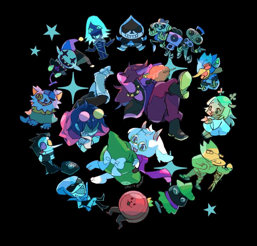 1other 3girls 6+boys androgynous animal_ears ankle_boots antenna_hair armlet armor arms_behind_head artist_name barefoot berdly_(dark_world)_(deltarune) berdly_(deltarune) black_background black_footwear black_jacket blue_hair blue_skin body_fur boots bow button_eyes buttons c._round cap&#039;n_(deltarune) cape circle_formation clown clown_boy colored_skin commentary cotton_candy covered_eyes deer_girl deltarune everyone eyewear_on_head food_in_mouth full_body furry furry_female furry_male glasses gloves goat_boy goat_ears goat_horns greaves green-framed_eyewear green_headwear grin hat hat_bow highres holding holding_phone holding_unworn_clothes holding_unworn_hat horns jacket jester jester_boy jevil jewelry k_k_(deltarune) kris_(dark_world)_(deltarune) kris_(deltarune) lancer_(deltarune) leg_up long_hair lying multiple_boys multiple_girls noelle_holiday noelle_holiday_(dark_world) noppo_(nopon) on_back on_stomach open_mouth pants phone pink_cape pink_skin purple_hair purple_pants purple_scarf queen_(deltarune) ralsei ralsei_(hat) robot round_eyewear rouxls_kaard scarf seam_(deltarune) shaded_face sharp_teeth short_hair signature simple_background smile spamton_g._spamton spiked_armlet star_(symbol) sunglasses susie_(dark_world)_(deltarune) susie_(deltarune) sweet_(deltarune) symbol-only_commentary teeth unworn_hat unworn_headwear utdr_(toby_fox) white_fur white_gloves