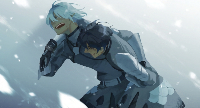 2boys arm_around_shoulder armor aymeric_de_borel belt black_belt black_gloves black_hair blue_eyes chainmail commentary cowboy_shot elezen elf english_commentary estinien_varlineau final_fantasy final_fantasy_xiv gloves hair_between_eyes highres hunched_over kimikoyuki_13 looking_ahead male_focus multiple_boys open_mouth pointy_ears snowing teeth upper_teeth_only white_hair