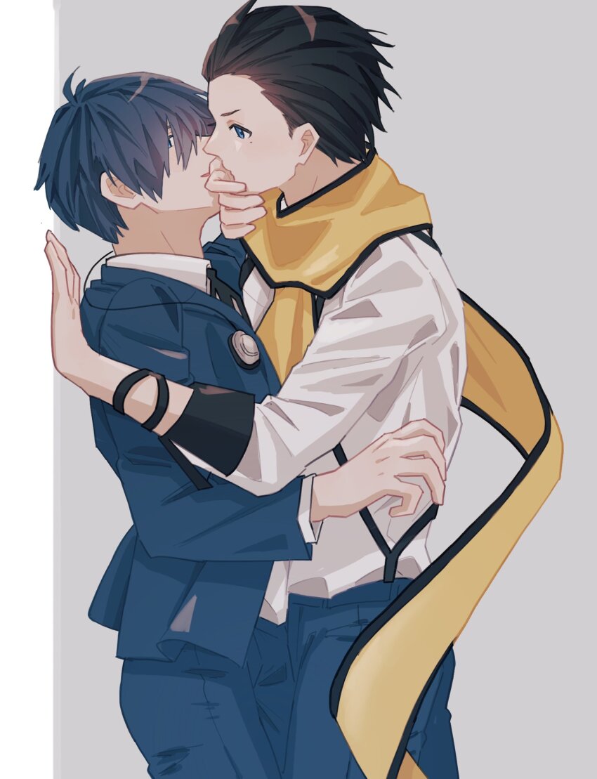 2boys black_hair black_pants black_trim blue_eyes blue_hair collared_shirt commentary_request covering_another&#039;s_mouth cowboy_shot gekkoukan_high_school_uniform hair_behind_ear hair_slicked_back hand_over_another&#039;s_mouth headphones headphones_around_neck highres jacket layered_sleeves long_scarf long_sleeves looking_at_another male_focus mochizuki_ryouji mole mole_under_eye multiple_boys pants persona persona_3 scarf school_uniform shirt shirt_tucked_in short_hair short_sideburns sleeve_cuffs standing suit_jacket suspenders tokofu_u white_shirt wing_collar yaoi yellow_scarf yuuki_makoto_(persona_3)