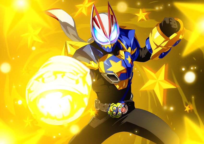 1boy armor black_background black_bodysuit blue_armor blue_eyes bodysuit boxing_gloves brass_knuckles clenched_hands desire_driver finishing_move fox glowing_fist highres imminent_hit incoming_attack kamen_rider kamen_rider_geats kamen_rider_geats_(series) male_focus monster monster_buckle otokamu parody raise_buckle shadow simple_background solo star_(sky) star_(symbol) tokusatsu weapon yellow_background