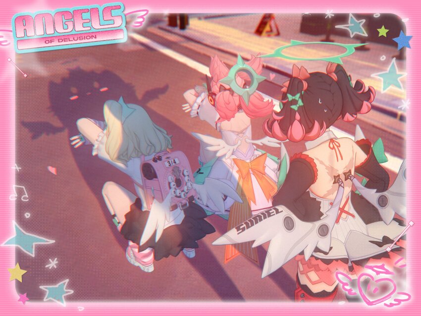 3d 3girls absurdres back backpack bag black_hair blonde_hair bow cat_shadow_puppet_(meme) chinatsu_remiel chromatic_aberration commentary english_commentary from_behind hair_bow halo hands_on_own_hips highres idol_clothes loose_socks mechanical_wings meme multicolored_hair multiple_girls musical_note official_art pink_hair quad_tails randoseru rokudu_sariel scar scar_on_back side_ponytail socks squatting star_(symbol) striped_clothes striped_socks sweat twintails two-tone_hair wings yutane_johiel zenless_zone_zero