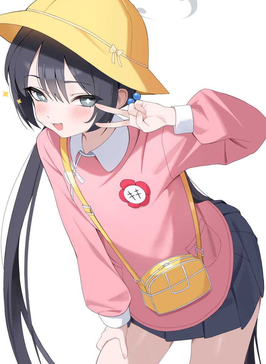 +_+ 1girl absurdres bag black_hair black_skirt blue_archive commentary ddog flower_pin grey_eyes grey_halo hair_bobbles hair_ornament halo hat highres kindergarten_bag kindergarten_uniform kisaki_(blue_archive) kisaki_(kindergarten_uniform)_(blue_archive) long_hair low_twintails name_tag out_of_character pink_shirt pleated_skirt school_hat shirt simple_background skirt smock solo twintails upper_body v white_background yellow_bag yellow_hat