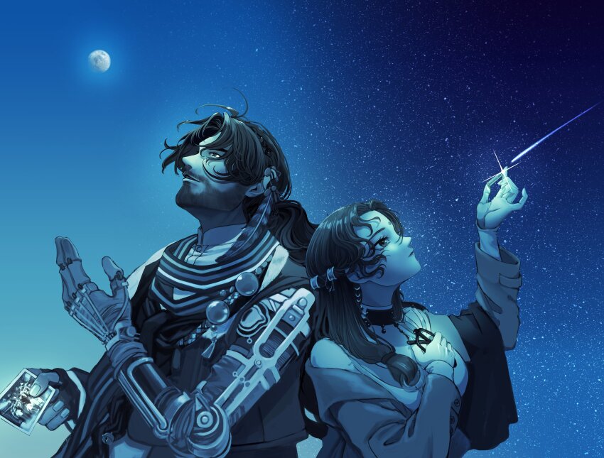 1boy 1girl absurdres back-to-back blue_sky blue_theme bullet choker coat facial_mark facing_up fingerless_gloves forehead_mark from_side gibbous_moon gloves hand_on_own_chest hands_up highres holding holding_bullet holding_photo holding_removed_eyewear kaalaa_baunaa long_hair looking_up mature_male mechanical_arms monochrome moon night night_sky photo_(object) profile prosthesis prosthetic_arm reverse:1999 sakuma_(saku0ma) scarf shamane shirt shooting_star single_glove single_mechanical_arm sky star_(sky) starry_sky unworn_eyewear upper_body