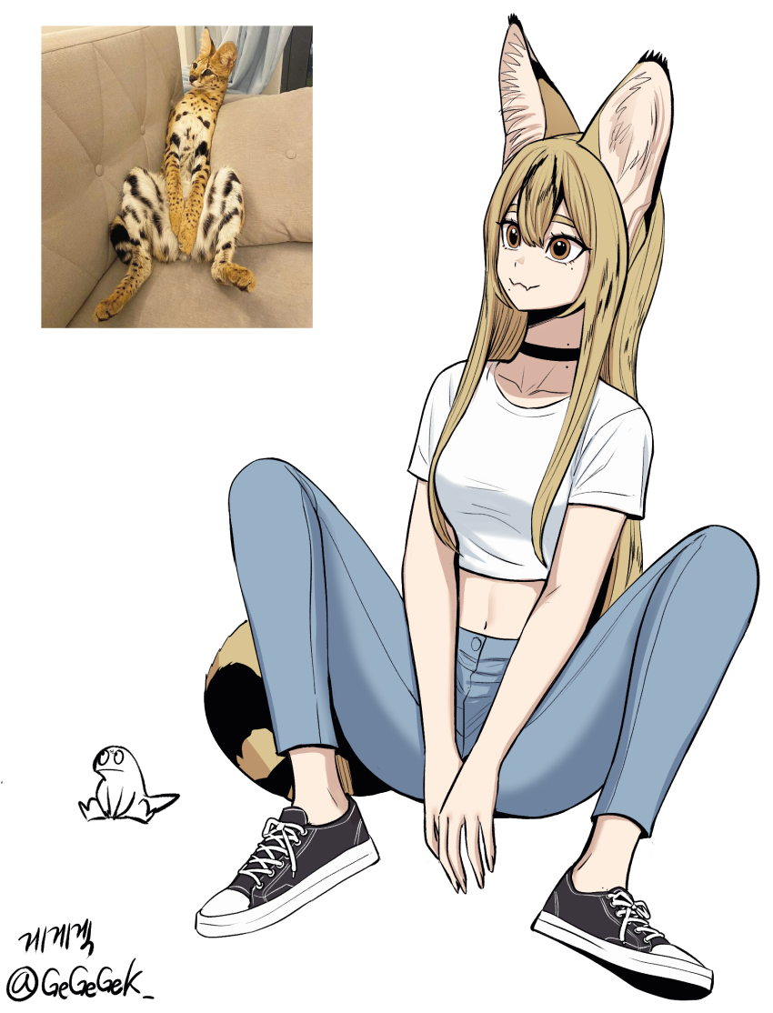1girl :3 absurdres animal_ear_fluff animal_ears artist_name artist_self-insert between_legs black_choker black_shoes blonde_hair blue_pants breasts brown_eyes cat_ears cat_girl cat_tail choker collarbone converse couch creature_and_personification crop_top cropped_shirt denim ear_tufts eyelashes fang full_body gegegekman hair_between_eyes hair_over_shoulder hand_between_legs highres jeans knees_up korean_text long_hair looking_afar looking_to_the_side m_legs medium_breasts midriff mole mole_on_neck mole_under_eye navel no_socks original own_hands_together pants personification photo-referenced reference_inset serval_gf_(gegegekman) shirt shoes short_sleeves signature sitting skin_fang sneakers solo striped_tail t-shirt tail thick_eyebrows twitter_username v_arms very_long_hair white_shirt white_trim