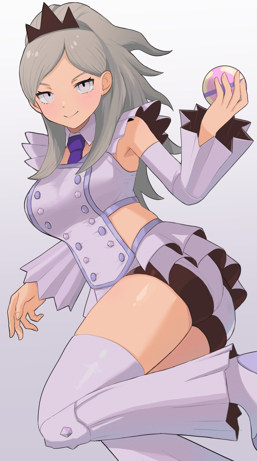 1girl absurdres ass bike_shorts boots buttons closed_mouth commentary_request detached_collar double-breasted eri_(pokemon) gradient_background grey_hair hair_behind_ear hand_up heal_ball highres holding holding_poke_ball jun_(jun_mysk) long_hair looking_at_viewer necktie nintendo parted_bangs poke_ball pokemon pokemon_sv purple_necktie smile solo team_star thighs