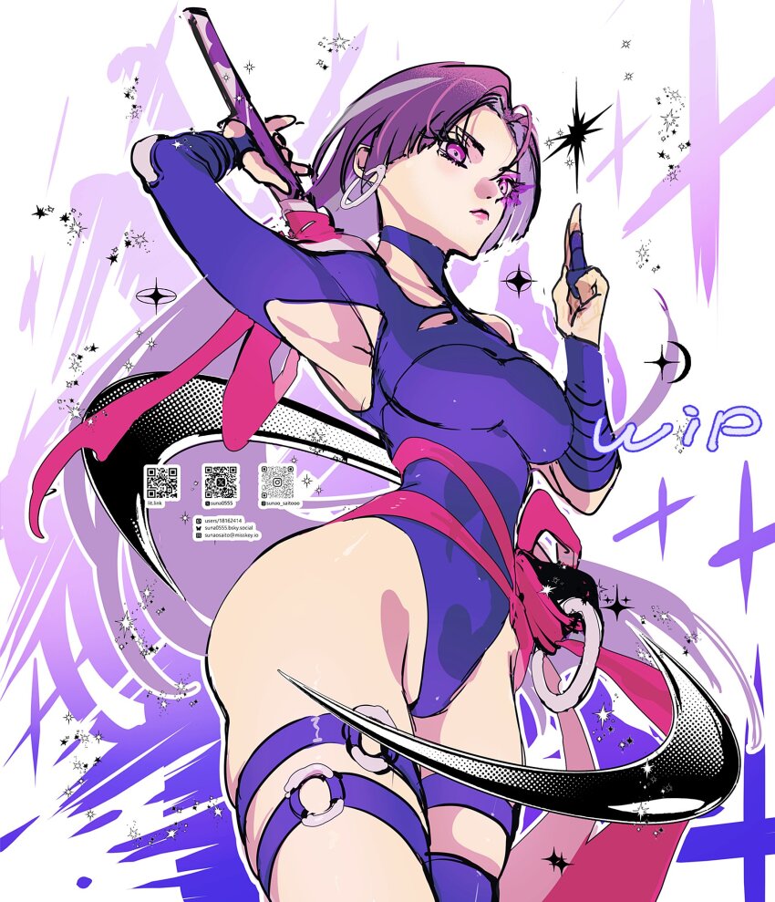 1girl breasts curvy elbow_gloves gloves highleg highleg_leotard highres holding holding_sword holding_weapon jewelry large_breasts leotard long_hair marvel marvel_rivals psylocke psylocke_(vengeance) purple_eyes purple_hair sash shiny_skin solo suna0555 superhero_costume sword thighhighs thong_leotard weapon wide_hips x-men