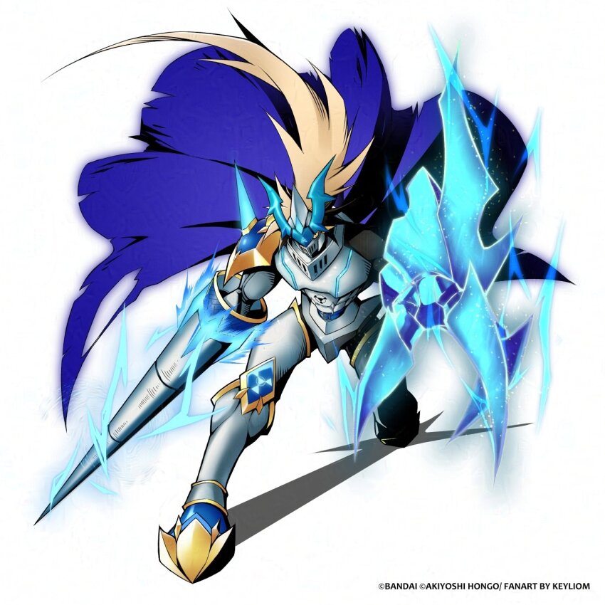 cape chaosdukemon chaosdukemon_core digimon digital_hazard energy highres lance oridigi polearm simple_background weapon white_background wings