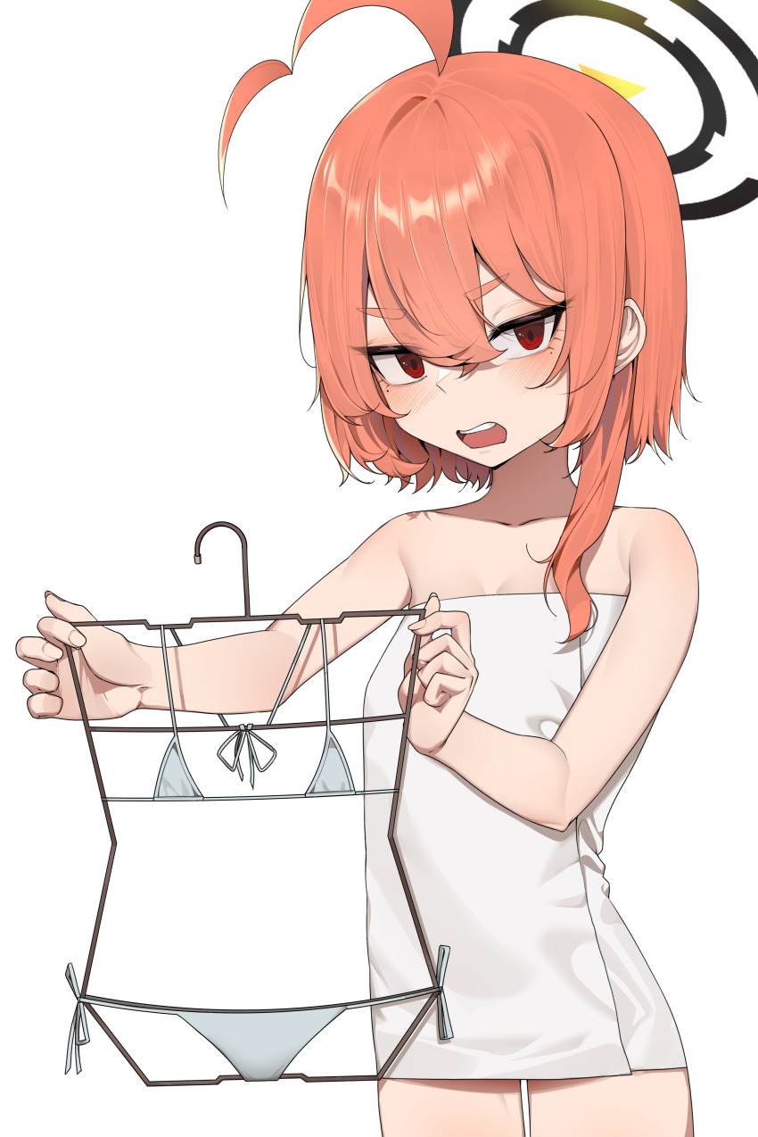 1girl absurdres ahoge bare_arms bare_shoulders bikini blue_archive blush braid chirpy hair_between_eyes highres holding holding_swimsuit holding_unworn_clothes huge_ahoge loli long_hair micro_bikini naked_towel neru_(blue_archive) open_mouth red_eyes red_hair sidelocks single_braid solo swimsuit teeth towel unworn_swimsuit upper_teeth_only white_bikini