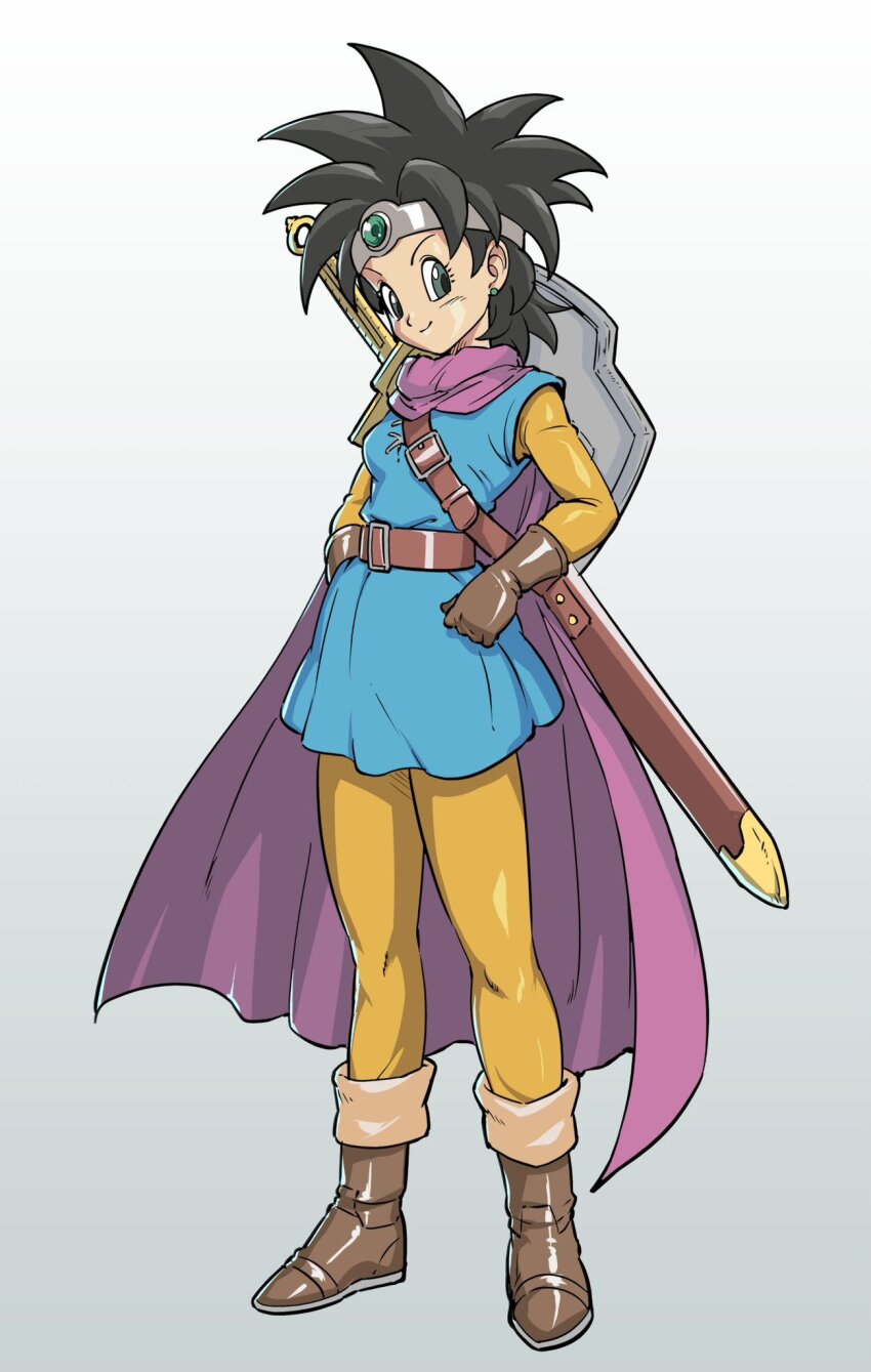 1girl belt black_hair blue_tunic boots brown_boots brown_gloves cape circlet dragon_quest dragon_quest_iii gloves grey_eyes hand_on_own_hip heroine_(dq3) highres pink_cape roto_(dq3) sheath sheathed shield short_hair shoulder_belt sjw_kazuya smile solo sword tunic weapon