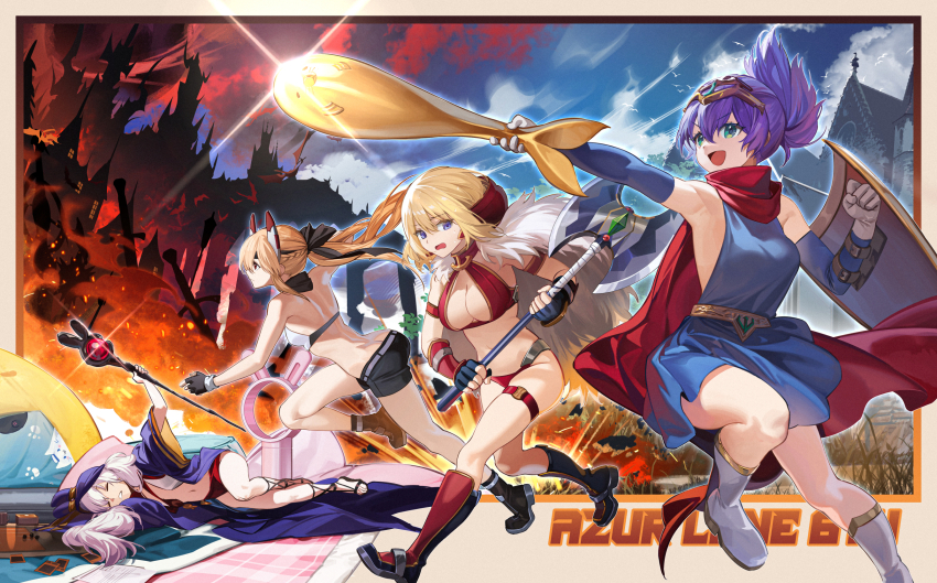4girls anniversary armor axe ayanami_(azur_lane) ayanami_(dynamic_kick!)_(azur_lane) azur_lane azur_lane:_slow_ahead bikini_armor copyright_name fire full_body highres javelin_(a_legend_is_born?!)_(azur_lane) javelin_(azur_lane) laffey_(azur_lane) laffey_(sleepageddon)_(azur_lane) multiple_girls official_alternate_costume ponytail rff_(3_percent) shield staff thigh_strap z23_(azur_lane) z23_(upgrade_failure?!)_(azur_lane)