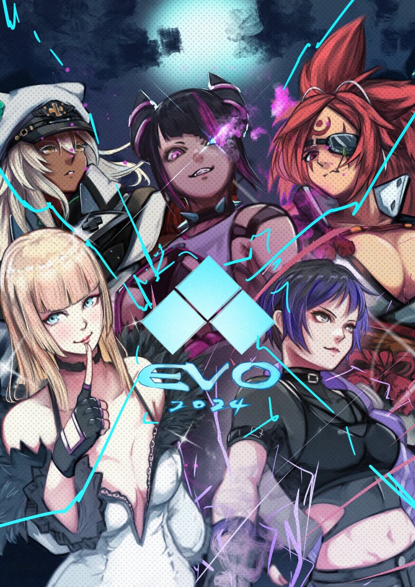 2024 5girls absurdres arc_system_works baiken black_hair blonde_hair blue_eyes breasts capcom cleavage emilie_de_rochefort evolution_championship_series eyepatch guilty_gear guilty_gear_strive han_juri highres large_breasts long_hair midriff multicolored_hair multiple_girls namco navel pink_hair purple_eyes purple_hair ramlethal_valentine reina_(tekken) street_fighter street_fighter_6 tekken tekken_8 two-tone_hair