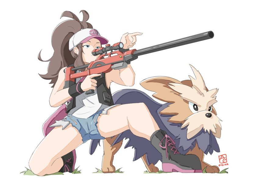 1girl automatic_giraffe baseball_cap black_vest blue_eyes boots brown_hair commentary cutoffs denim denim_shorts english_commentary exposed_pocket full_body gen_5_pokemon gun hat herdier high_ponytail hilda_(pokemon) long_hair nintendo on_one_knee pokemon pokemon_(creature) pokemon_bw ponytail rifle shirt short_shorts shorts sidelocks signature simple_background sleeveless sleeveless_shirt sniper_rifle vest weapon white_background white_shirt wristband
