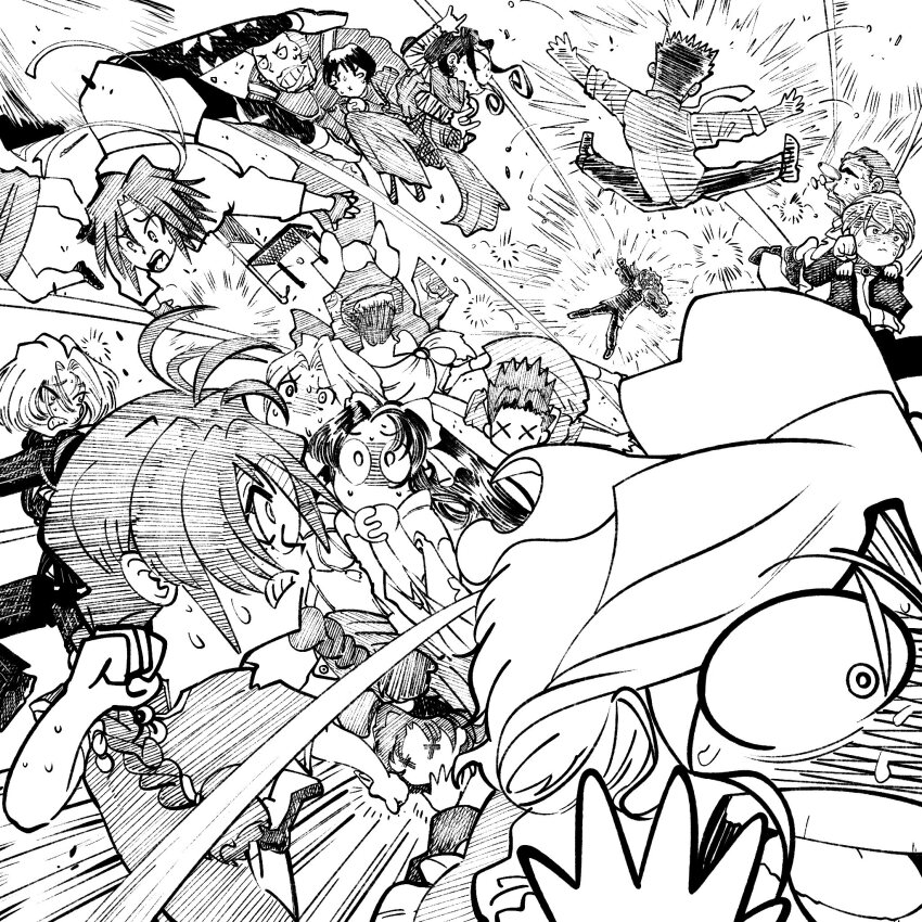 5boys 6+girls bazooka black_hair braid breasts carrying chinese_clothes cleavage clenched_teeth constricted_pupils double_w dress explosion fleeing flying hair_over_one_eye hair_ribbon hairband headband height_difference highres index_finger_raised iris_chateaubriand japanese_clothes kanzaki_sumire kirishima_kanna long_hair long_skirt looking_at_viewer maria_tachibana medium_breasts monochrome multiple_boys multiple_girls open_mouth own_hands_clasped own_hands_together panicking pants ponytail reni_milchstrasse ri_kouran ribbon running sakura_taisen scared sega shaded_face shinguuji_sakura short_hair skirt smile soletta_orihime staring surprised sweatdrop tan teeth thighs tongue twin_braids w weapon wide-eyed x_x yoneda_ikki