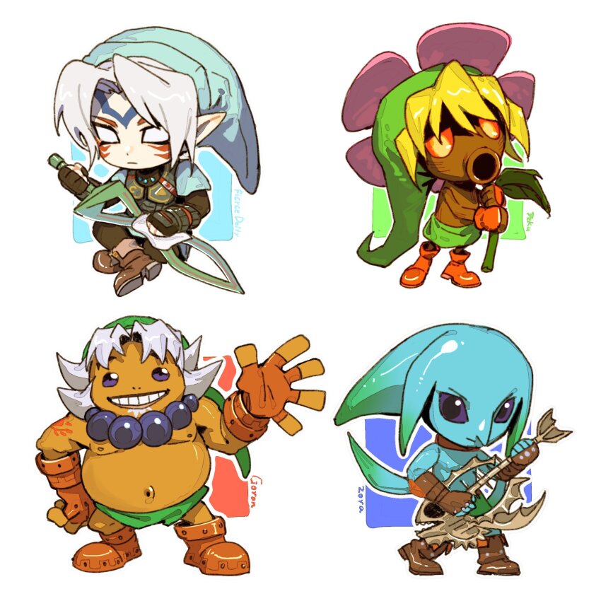 4boys alternate_form blue_gemstone dark_persona deku deku_link deku_scrub dele14375735 double_helix facial_tattoo fierce_deity fusion gem goron goron_link guitar highres instrument jewelry link multiple_boys multiple_persona necklace nintendo no_pupils pearl_necklace phrygian_cap possessed possession tattoo the_legend_of_zelda the_legend_of_zelda:_majora&#039;s_mask wrist_guards zora zora_link