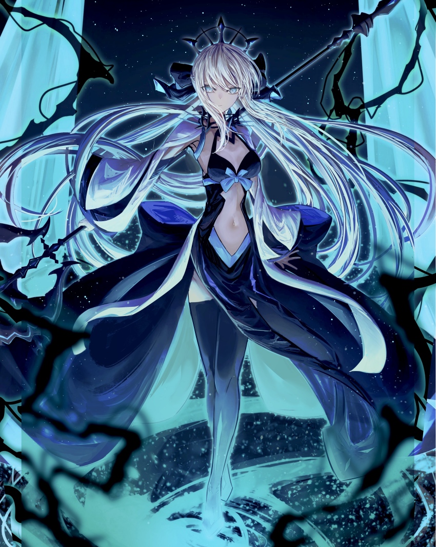 1girl absurdres black_bow black_dress blue_eyes bow braid breasts center_opening cleavage clothing_cutout dress fate/grand_order fate_(series) full_body hair_bow half_up_braid highres holding holding_staff large_breasts long_hair long_sleeves looking_at_viewer morgan_le_fay_(fate) navel ponytail sidelocks solo staff stomach_cutout two-tone_dress very_long_hair white_hair yagi_(yagi5art)