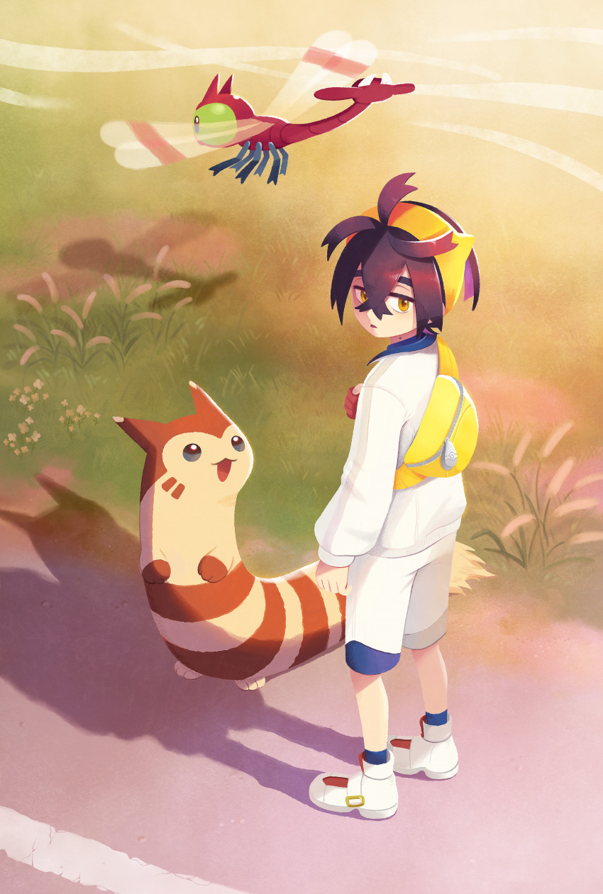 1boy absurdres backpack bag black_hair blue_socks commentary_request crossed_bangs day furret gen_2_pokemon gloves grass hair_between_eyes hairband highres jacket kieran_(pokemon) long_sleeves ma-hain-scarlet male_focus nintendo outdoors partially_fingerless_gloves pokemon pokemon_(creature) pokemon_sv shoes short_hair shorts single_glove socks standing white_footwear white_jacket white_shorts yanma yellow_bag yellow_eyes yellow_hairband zipper_pull_tab