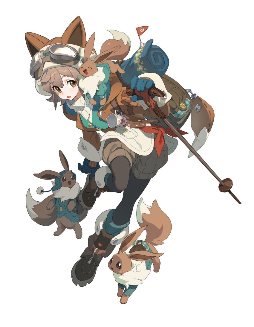 1girl backpack bag brown_hair character_request crutch eevee gen_1_pokemon gloves goggles highres kitto_ha nintendo pokemon pokemon_(creature) simple_background white_background