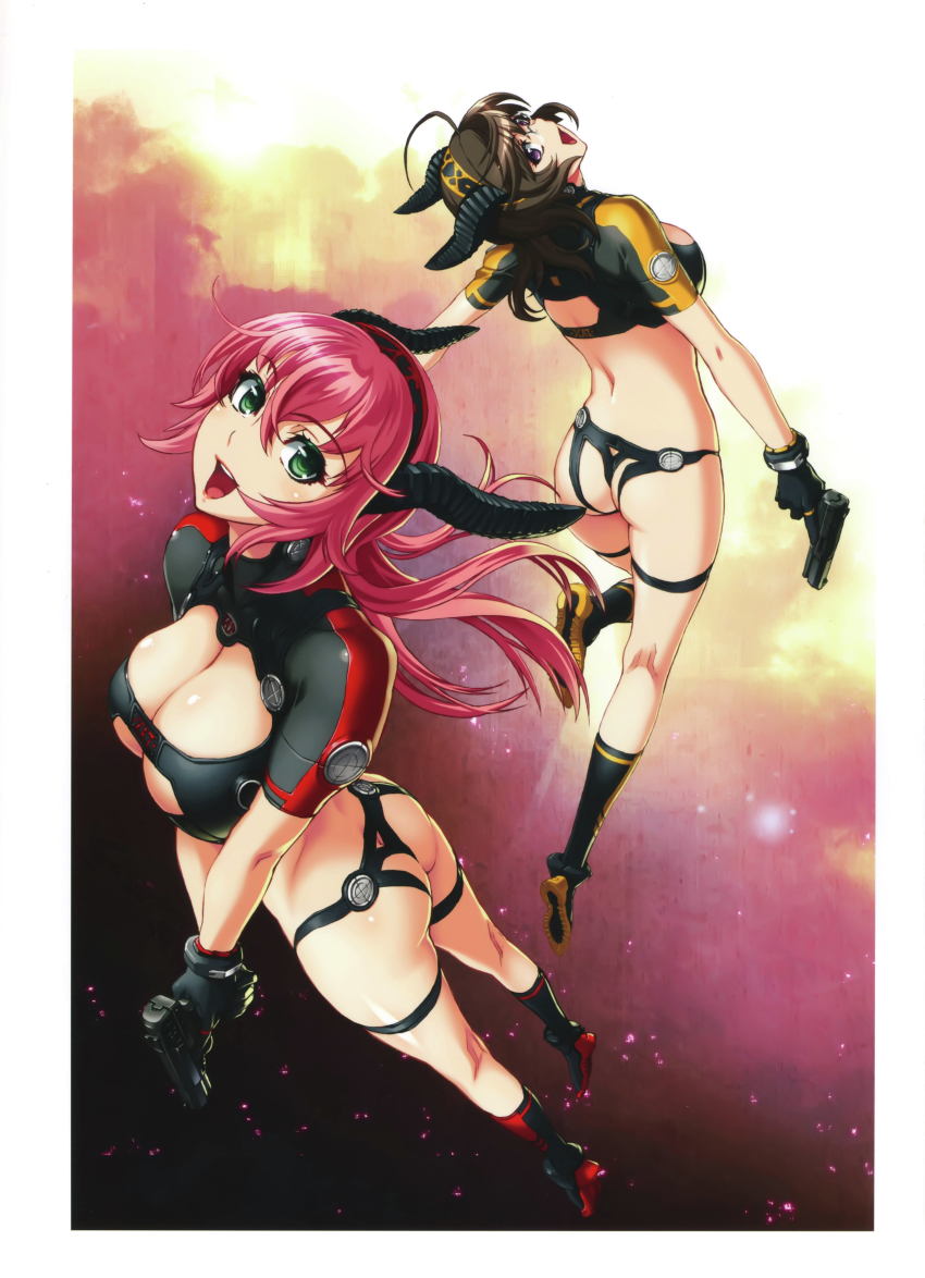 2girls :d absurdres ahoge amanda_werner ass ass_cutout black_gloves blassreiter boots breasts brown_hair butt_crack cleavage clothing_cutout fake_horns full_body glasses gloves green_eyes gun hairband handgun highres horns large_breasts long_hair looking_back mei_feng_liu midriff multiple_girls nishii_(damnedrive) open_mouth pink_hair pistol purple_eyes scan smile weapon