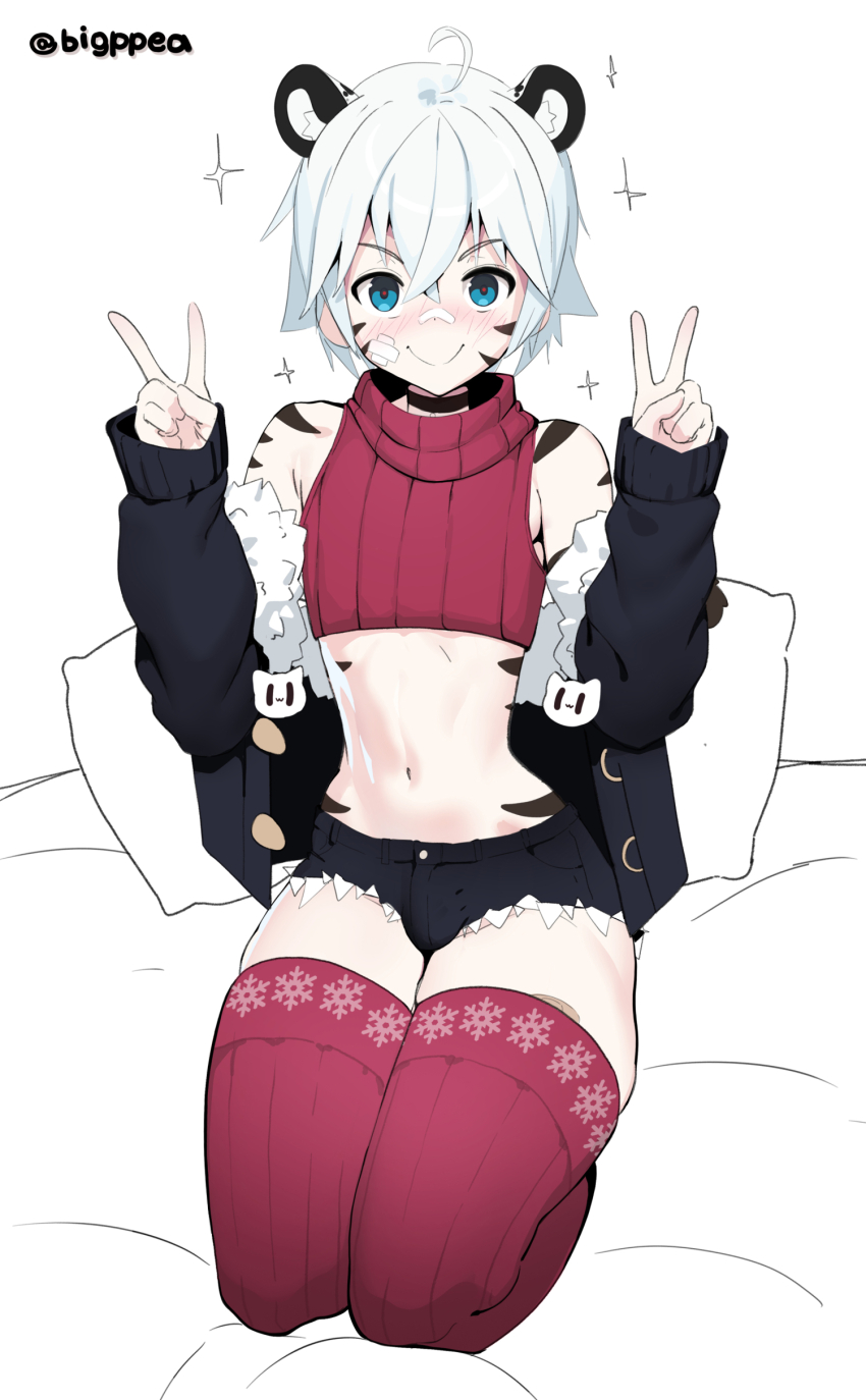 1boy absurdres animal_ears artist_name bandaid bandaid_on_face bandaid_on_nose bed black_jacket black_shorts blue_eyes blush c: commentary cropped_shirt double_v english_commentary facial_mark highres indie_virtual_youtuber jacket kneeling looking_at_viewer male_focus navel nose_blush off_shoulder on_bed pea_(vaultboy503) red_shirt red_thighhighs ribbed_thighhighs seiza shirt short_shorts shorts sitting sleeveless sleeveless_shirt smile snowflake_print solo taigaxholic thighhighs thighs tiger_boy tiger_ears trap turtleneck turtleneck_shirt twitter_username v v-shaped_eyebrows variant_set virtual_youtuber white_hair wide_hips