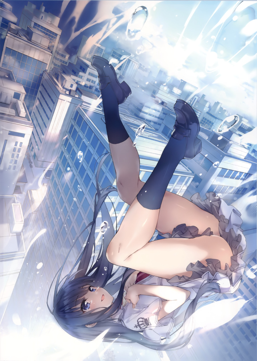 1girl absurdres ass black_shoes black_socks blue_eyes blue_hair blue_sky blunt_bangs capelet cityscape cloud collared_shirt crown_print crying dark_blue_hair day falling floating_hair frilled_skirt frills full_body hand_on_own_chest highres loafers long_hair motoyon necktie open_mouth outdoors red_necktie school_uniform shirt shoes skirt sky smile socks solo straight_hair subarashiki_hibi takashima_zakuro teardrop tears upside-down water white_capelet white_shirt white_skirt