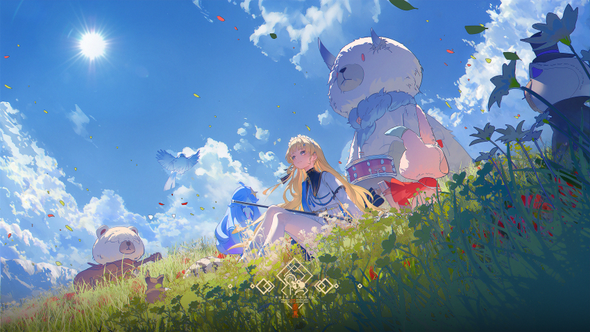 1girl black_collar blonde_hair blue_sash blue_sky closed_mouth cloud collar commentary_request day head_wreath highres knees_up logo long_hair long_sleeves looking_up official_art on_grass outdoors pantyhose phoebe_(wuthering_waves) purple_eyes sash shirt sitting skirt sky smile staff sun tacet_discord_(wuthering_waves) very_long_hair void_0 white_pantyhose white_shirt white_skirt wuthering_waves