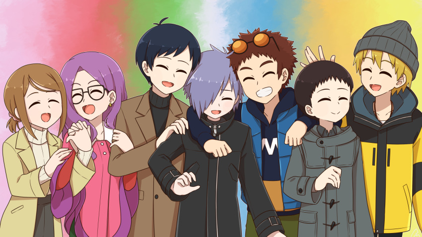 2girls 5boys digimon digimon_adventure_02:_the_beginning glasses hida_iori highres ichijouji_ken inoue_miyako long_hair motomiya_daisuke multiple_boys multiple_girls owada_rui pink_hair takaishi_takeru yagami_hikari