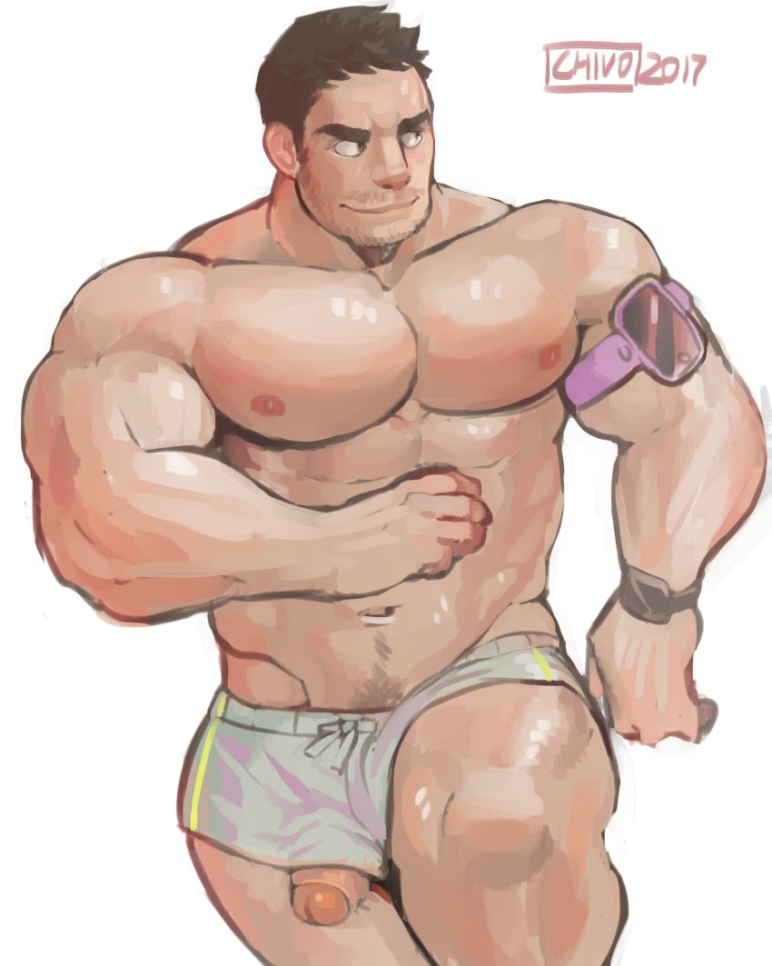 1boy abs absurdres bara chivo_(kalchivo) facial_hair feet_out_of_frame flaccid foreskin groin highres large_pectorals long_sideburns looking_at_viewer looking_to_the_side male_focus male_pubic_hair mature_male muscular muscular_male navel navel_hair nipples original pectorals penis penis_peek pubic_hair running short_hair shorts sideburns smile solo stomach stubble sweat thighs topless_male uncensored watch white_shorts wristwatch