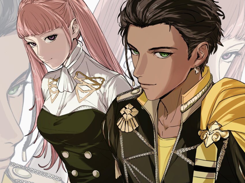 1boy 1girl amikoiiko ascot black_dress blunt_bangs braid brown_hair cape claude_von_riegan closed_mouth collar collarbone collared_shirt dark-skinned_male dark_skin dress earrings fire_emblem fire_emblem:_three_houses fringe_trim from_above garreg_mach_monastery_uniform green_eyes hair_slicked_back highres hilda_valentine_goneril jewelry light_smile long_hair long_sleeves looking_at_viewer nintendo pink_eyes pink_hair puff_and_slash_sleeves puffy_sleeves seams shirt short_hair shoulder_boards sidelocks single_braid sternocleidomastoid_muscle twintails white_ascot white_background white_collar white_shirt yellow_cape yellow_collar yellow_undershirt zoom_layer