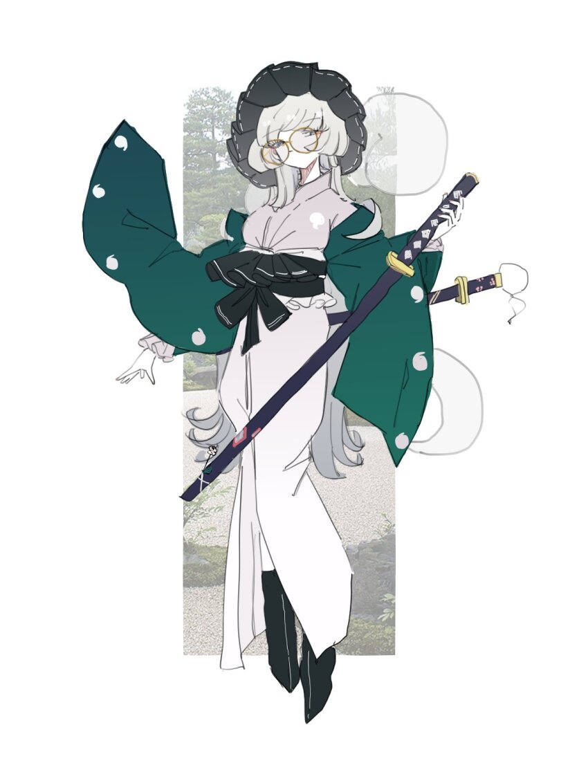 1girl alternate_costume alternate_hair_length alternate_hairstyle black_bow black_shoes bow eyewear_on_head frills ghost_print glasses green_sleeves highres holding holding_sword holding_weapon japanese_clothes katana kimono konpaku_youmu konpaku_youmu_(ghost) long_hair round_eyewear shoes simple_background sword touhou waist_bow weapon white_background white_hair white_kimono zenritsu