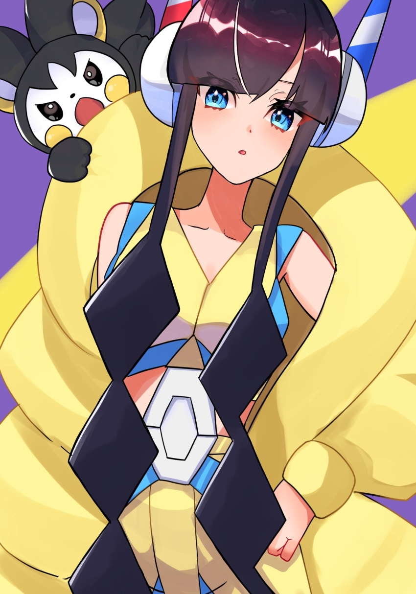 1girl :o black_hair blue_eyes coat down_jacket elesa_(pokemon) emolga eyes_visible_through_hair game_freak gen_5_pokemon gym_leader headphones highres jacket long_hair long_sleeves looking_at_viewer multicolored_hair nintendo open_clothes open_coat open_mouth pokemon pokemon_(creature) pokemon_bw2 puffer_coat purple_background siranami_eight streaked_hair two-tone_hair very_long_hair white_hair yellow_coat