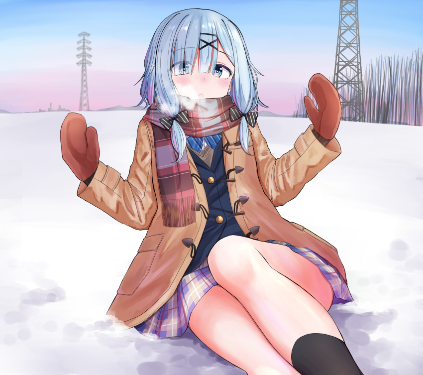 1girl black_bow black_footwear blue_bow blue_bowtie blue_eyes blue_hair blue_jacket blue_skirt blunt_bangs bow bowtie breath brown_cardigan brown_coat brown_mittens cardigan chestnut_mouth coat duffel_coat feet_out_of_frame hair_bow hair_ornament hair_over_one_eye hairclip hands_up highres jacket looking_at_viewer mittens multicolored_hair open_clothes open_coat open_mouth original outdoors plaid_clothes plaid_skirt purple_hair red_scarf scarf school_uniform shirt sitting skirt snow socks solo streaked_hair striped_bow striped_bowtie striped_clothes striped_scarf sunrise transmission_tower urushiushiru white_shirt x_hair_ornament