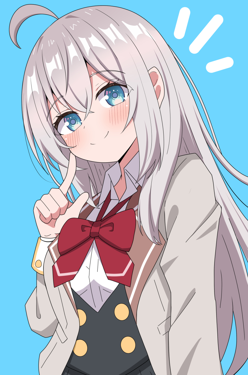 1girl absurdres ahoge alisa_mikhailovna_kujou blue_background blue_eyes blush bow bowtie brown_jacket closed_mouth collared_shirt commentary_request grey_hair hand_up highres hosinonana index_finger_raised jacket long_hair long_sleeves looking_at_viewer notice_lines open_clothes open_jacket red_bow red_bowtie school_uniform shirt sidelocks simple_background smile solo tokidoki_bosotto_roshia-go_de_dereru_tonari_no_alya-san upper_body white_shirt