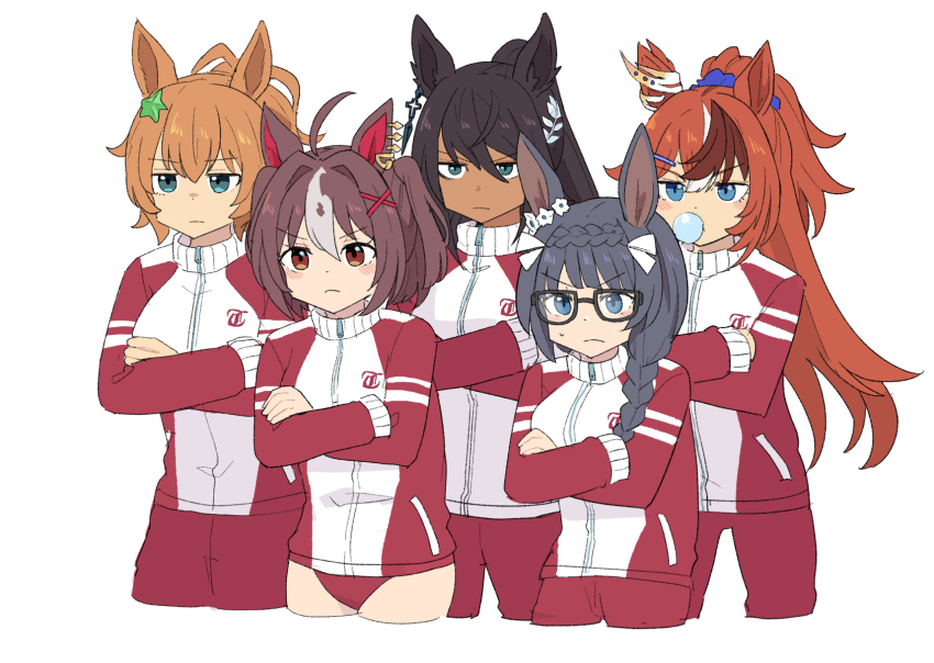 5girls ahoge animal_ears black-framed_eyewear black_hair blue_eyes braid braided_ponytail brown_eyes brown_hair bubble_gum_fellow_(umamusume) buruma chewing_gum crossed_arms crown_braid dark-skinned_female dark_skin ear_scrunchie glasses gran_alegria_(umamusume) green_eyes hair_between_eyes hair_intakes hair_ornament hair_over_one_eye highres horse_ears horse_girl jacket jitome long_hair medium_hair multicolored_hair multiple_girls orange_hair pants ponytail red_buruma red_jacket red_pants red_track_suit serious simple_background star_(symbol) star_hair_ornament streaked_hair symboli_kris_s_(umamusume) taiki_shuttle_(umamusume) tracen_training_uniform track_jacket track_pants track_suit umamusume umayoude_su white_background white_hair x_hair_ornament zenno_rob_roy_(umamusume)