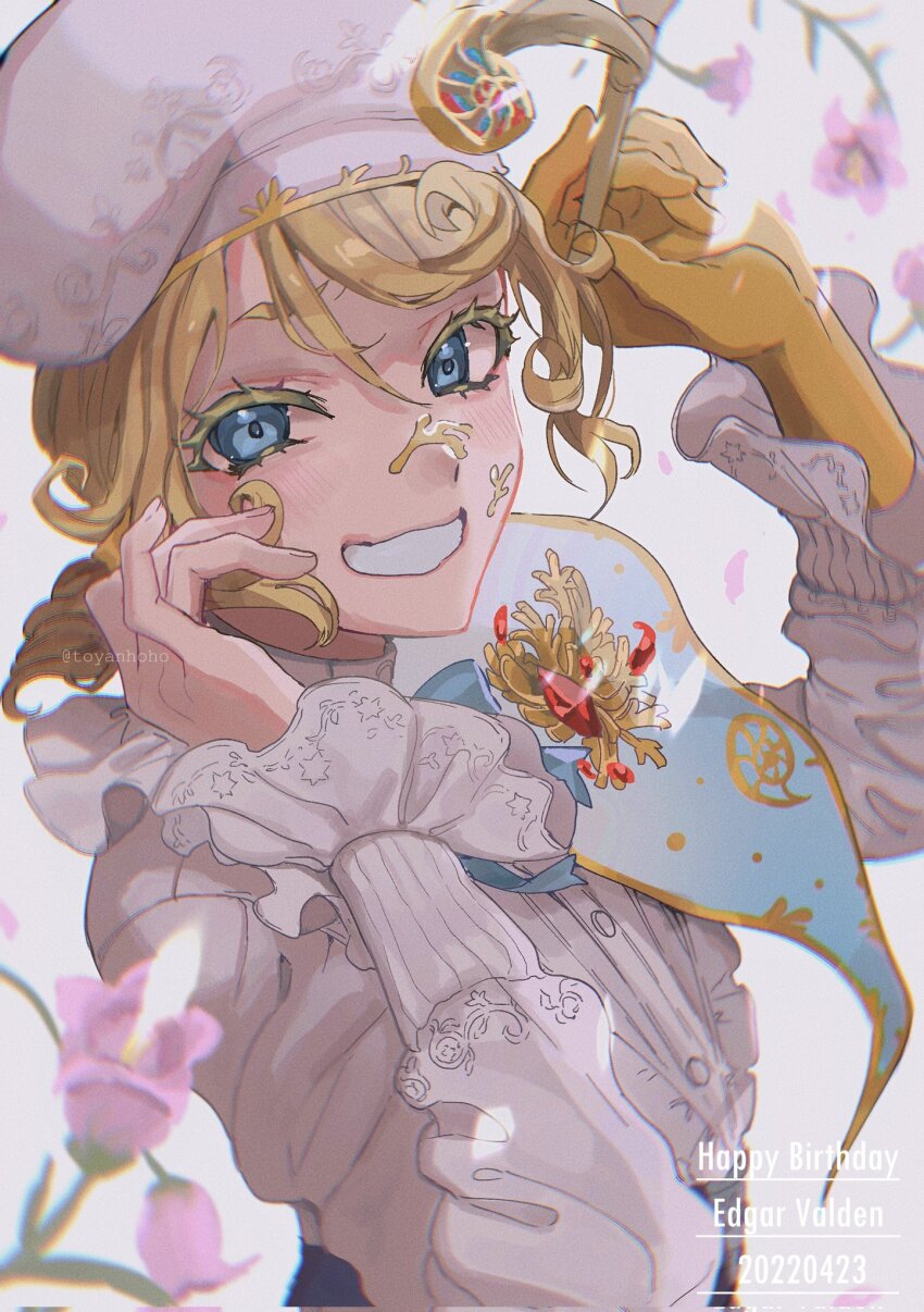1boy androgynous beret blonde_hair blush center_frills edgar_valden edgar_valden_(golden_ratio) flower frilled_shirt frilled_sleeves frills gem gold_hands gold_trim hat highres holding holding_paintbrush identity_v long_sleeves looking_at_viewer paintbrush painting_(action) ponytail puffy_sleeves shirt smile solo toyanhoho trap white_hat white_shirt