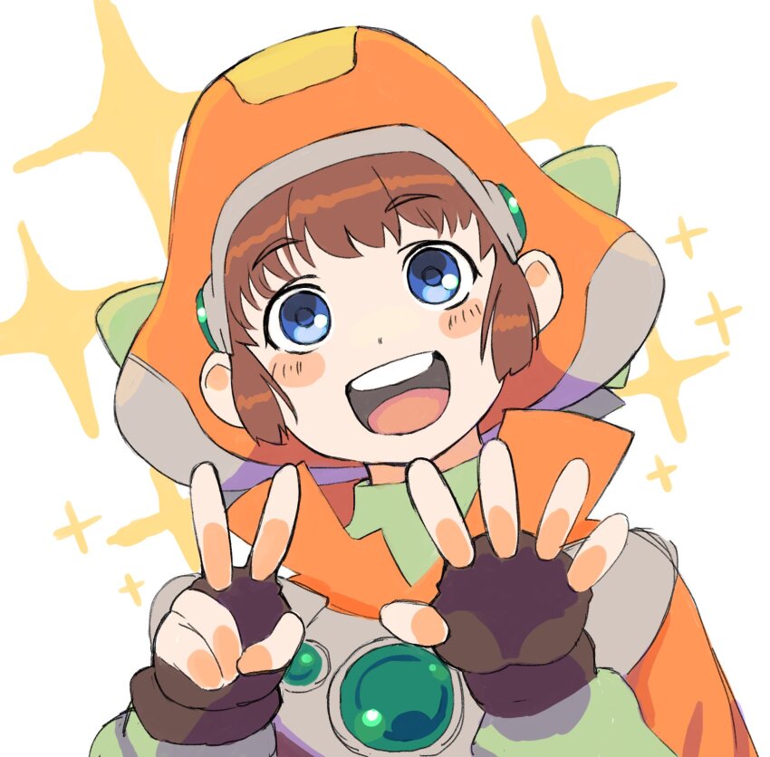 1girl :d black_gloves blue_eyes brown_hair fingerless_gloves gan2 gloves hands_up hat highres marguerite_fatima open_mouth orange_hat short_hair simple_background smile solo sparkle teeth upper_body upper_teeth_only white_background xenogears
