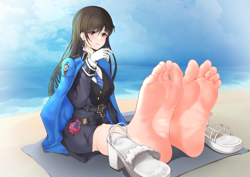 1girl absurdres barefoot beach black_hair brown_eyes diesel_(nikke) feet goddess_of_victory:_nikke highres long_hair looking_at_viewer parted_lips sandals shoes shuang_yue soles toes unworn_sandals unworn_shoes