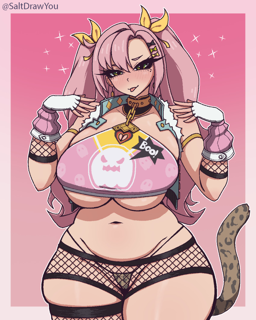 1girl absurdres animal_print arm_warmers artist_name asymmetrical_bangs bare_shoulders black_shorts black_thighhighs blue_jacket blush border bow breasts commentary cowboy_shot crop_top english_commentary fake_tail fat fingerless_gloves fishnet_arm_warmers fishnet_shorts fishnet_thighhighs fishnets fur-trimmed_jacket fur_trim ghost_print gloves gold_collar green_eyes hair_bow hair_ornament hands_up highres jacket large_breasts leopard_print leopard_print_panties leopard_tail long_hair looking_at_viewer mole mole_under_eye navel nicole_demara nicole_demara_(cunning_cutie) official_alternate_costume open_clothes open_jacket pink_arm_warmers pink_background pink_border pink_hair pink_shirt plump saltdrawyou shirt shorts single_fishnet_legwear single_thighhigh skindentation sleeveless sleeveless_jacket sleeveless_shirt smile solo tail thighhighs tongue tongue_out two_side_up underboob white_gloves zenless_zone_zero