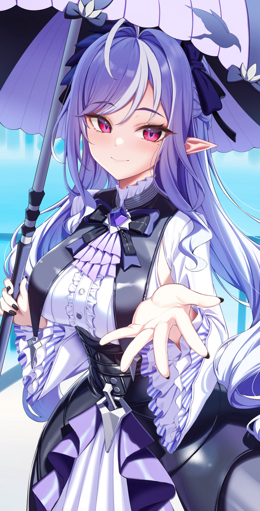 1girl absurdres black_nails blush breasts closed_mouth commentary english_commentary highres holding holding_umbrella kook large_breasts long_hair looking_at_viewer mole mole_under_eye nail_polish pointy_ears purple_hair purple_umbrella red_eyes smile solo umbrella vivian_banshee zenless_zone_zero