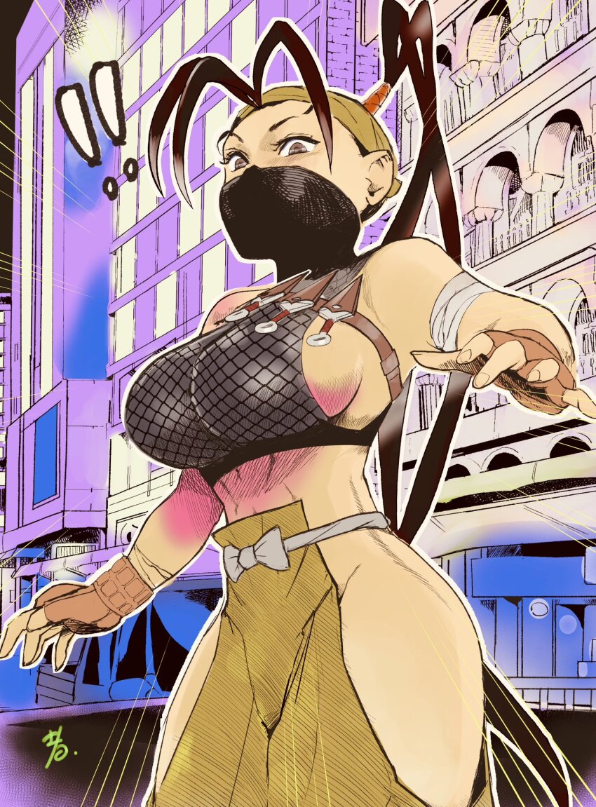 ! 1girl antenna_hair bandages bandana black_hair breasts brown_eyes covered_mouth fingerless_gloves fishnet_top fishnets from_below gloves hair_pulled_back high_ponytail highres hip_vent hiroshi_mono ibuki_(street_fighter) jewelry kunai large_breasts long_hair looking_at_viewer mask mouth_mask muscular navel ninja ninja_mask no_bra ponytail revision sideboob solo standing street_fighter street_fighter_v weapon