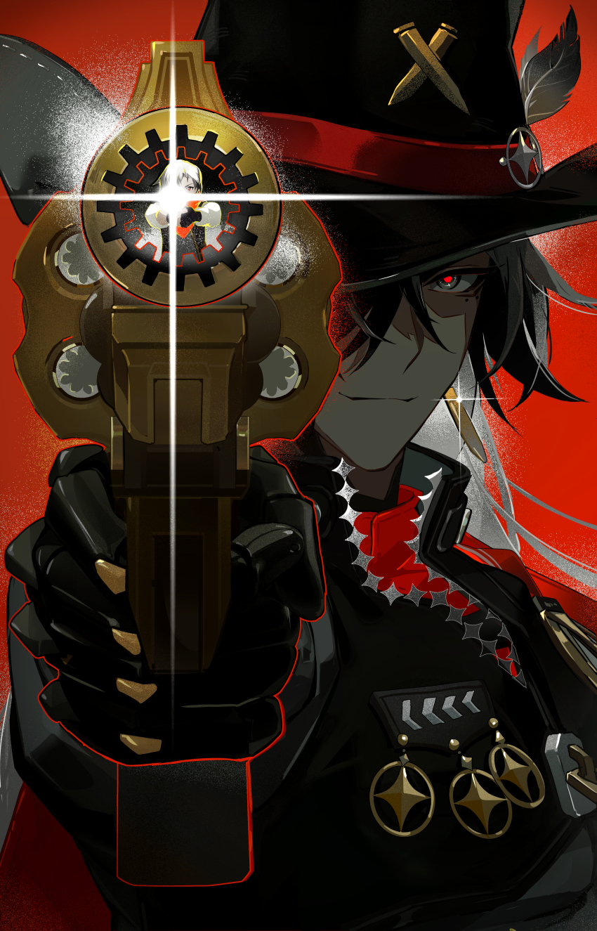 1boy absurdres aiming alcohol black_hair black_hat black_jacket boothill_(honkai:_star_rail) brooch bullet bullet_earrings cengshibr chinese_commentary coin commentary_request cowboy_hat crosshair_pupils cyborg earrings glint gun handgun hat hat_feather highres holding holding_gun holding_weapon honkai:_star_rail honkai_(series) jacket jewelry long_hair looking_at_viewer male_focus mechanical_arms multicolored_hair one_eye_covered pants red_background revolver sitting smirk solo streaked_hair teeth two-tone_hair weapon white_hair wine zipper zipper_pull_tab