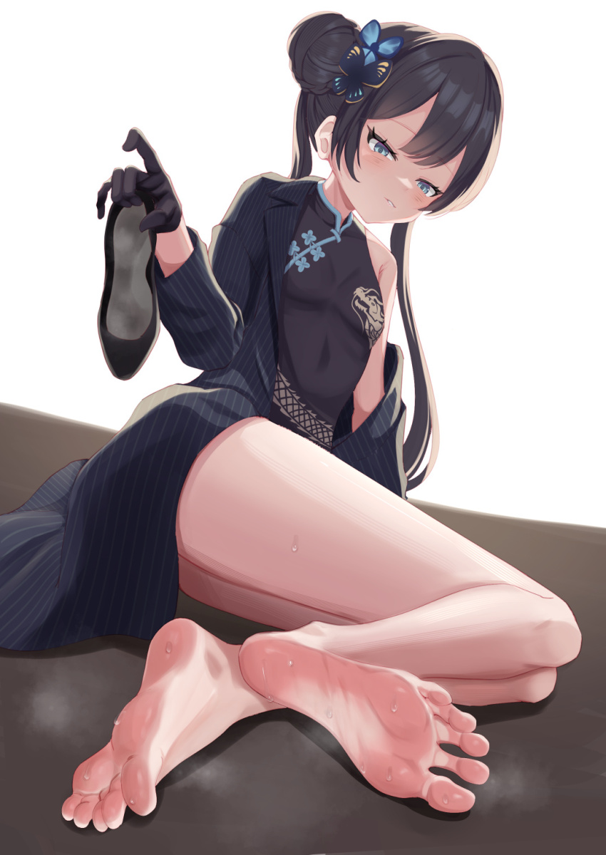 1girl armpit_crease bare_legs barefoot black_dress black_hair blue_archive blue_eyes blue_jacket blush breasts butterfly_hair_ornament china_dress chinese_clothes covered_navel dragon_print dress feet foot_focus hair_bun hair_ornament highres holding_shoe impossible_clothes impossible_dress jacket kisaki_(blue_archive) legs long_hair looking_at_viewer off_shoulder on_ground open_clothes open_jacket parted_lips pokokaki print_dress shoes simple_background small_breasts smell soles solo steaming_body striped_clothes striped_jacket sweat sweatdrop thighs toes twintails unworn_shoes vertical-striped_clothes vertical-striped_jacket very_long_hair white_background