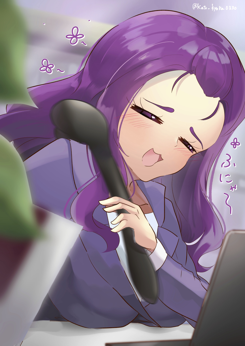 1girl absurdres blush closed_eyes computer highres holding jacket kato_kyoka0330 kibou_no_chikara_otona_precure_&#039;23 laptop long_hair long_sleeves massager milk_(yes!_precure_5) mimino_kurumi office open_mouth precure purple_hair purple_jacket shirt solo twitter_username white_shirt yes!_precure_5 yes!_precure_5_gogo!
