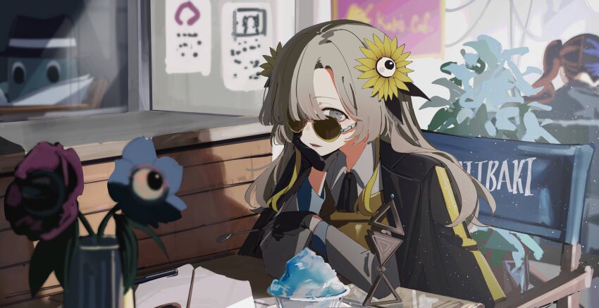 2girls absurdres ascot black_ascot black_gloves black_jacket blue_flower commentary flower food gloves gomidasu_(kamitsubaki_studio) grey_eyes grey_hair grey_shirt hair_flower hair_ornament hair_over_one_eye hand_on_own_cheek hand_on_own_face harusaruhi head_rest highres holding holding_spoon isekaijoucho jacket kamitsubaki_studio long_hair looking_at_viewer multiple_girls on_chair purple_flower roah_(user_pgea4834) round_eyewear shaved_ice shirt sitting solo_focus spoon sunglasses symbol-only_commentary vase yellow_flower
