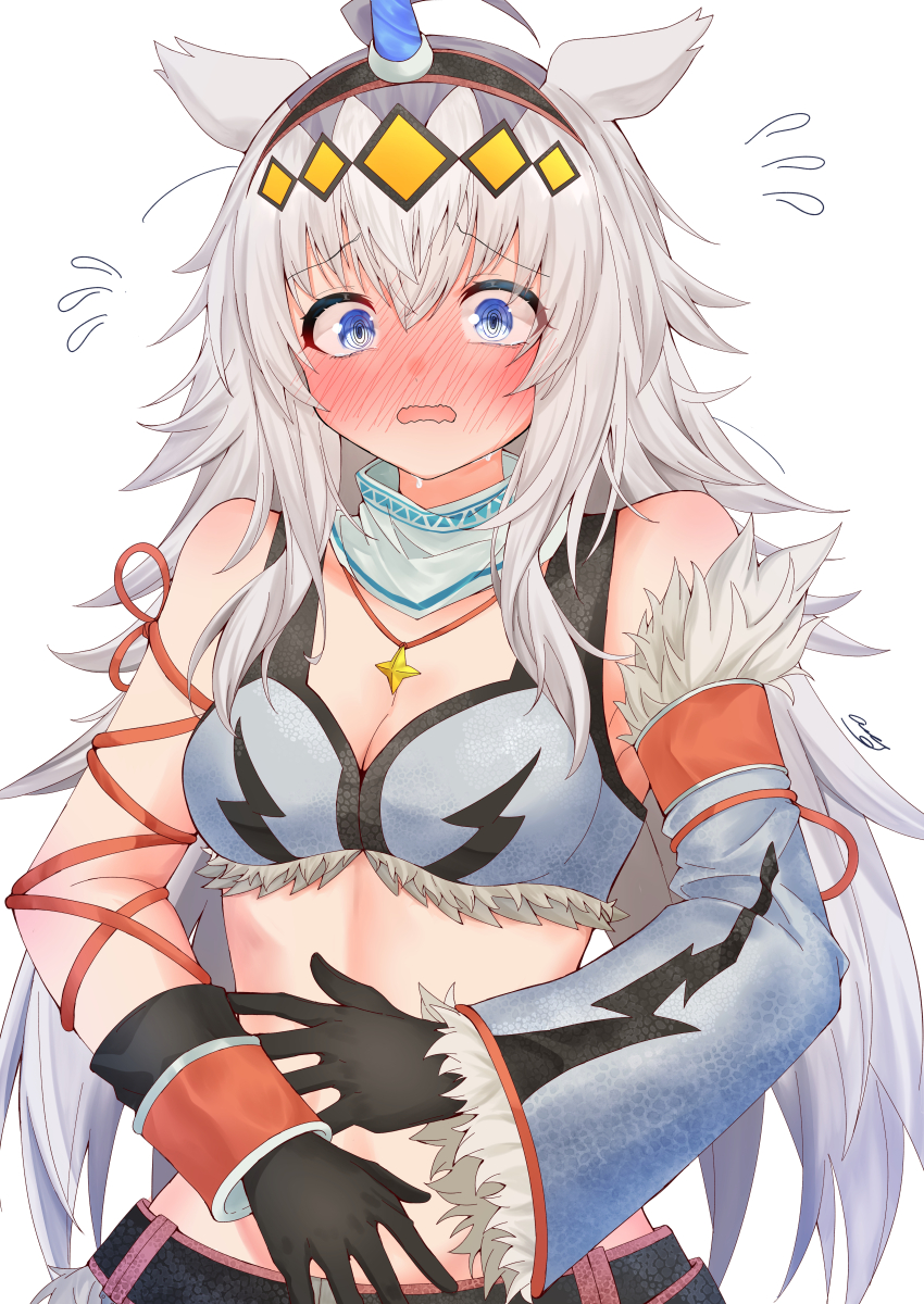1girl absurdres ahoge amaxa animal_ears bandeau bare_shoulders black_gloves blue_eyes blush breasts cleavage commentary_request covering_stomach cowboy_shot detached_sleeves flying_sweatdrops full-face_blush fur_trim gloves grey_hair hair_between_eyes hairband highres horns horse_ears horse_girl jewelry kirin_(armor) long_hair looking_at_viewer medium_breasts midriff monster_hunter_(series) monster_hunter_rise necklace oguri_cap_(umamusume) open_mouth sidelocks simple_background single_detached_sleeve single_horn solo standing sweat umamusume white_background white_bandeau white_sleeves yellow_hairband