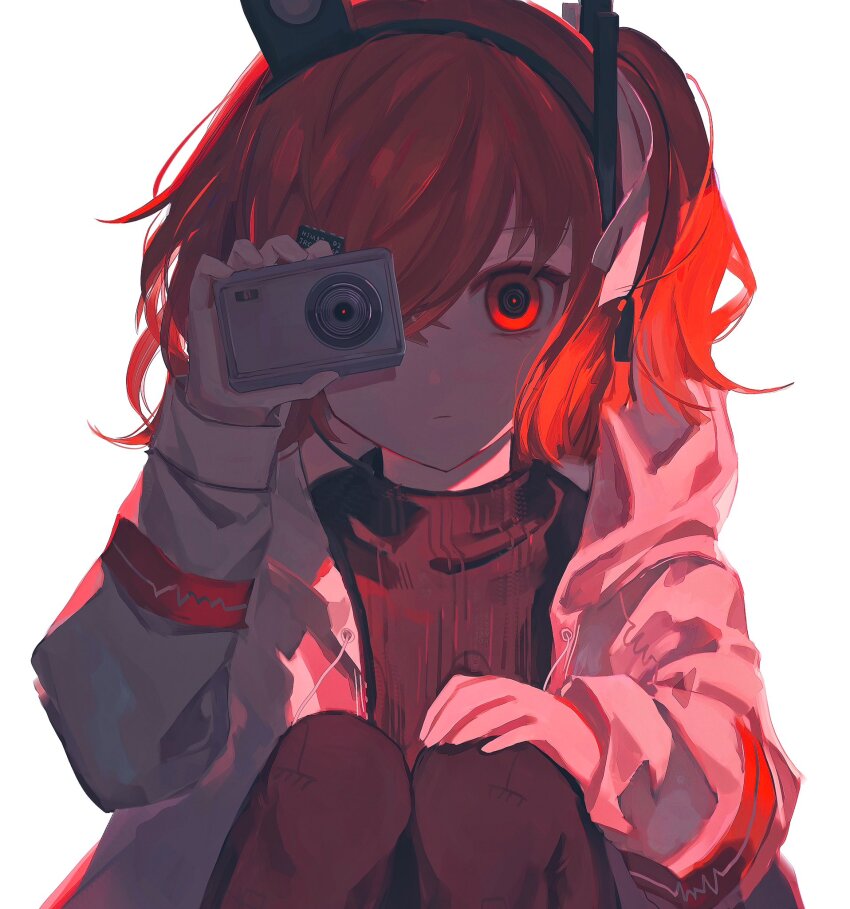 1girl a.i._voice adachi_rei black_pantyhose black_shirt camera closed_mouth gloves hair_ribbon highres holding holding_camera long_sleeves looking_at_viewer orange_eyes orange_hair pantyhose phlic ribbon shirt side_ponytail simple_background solo squatting upper_body utau white_background white_gloves
