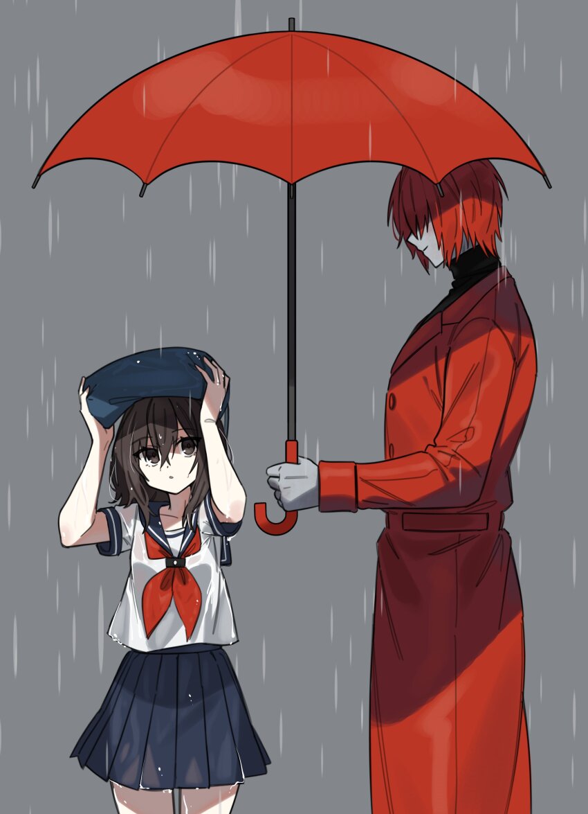 1boy 1girl absurdres blue_serafuku brown_hair coat commentary_request cowboy_shot grey_background heroine_(homicipher) highres holding holding_umbrella homicipher improvised_umbrella korean_commentary looking_at_another mr._scarletella myam_(123ab456c) rain red_coat red_hair red_umbrella school_uniform serafuku shared_umbrella short_hair simple_background skirt umbrella wet