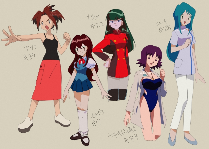5girls :d black_footwear black_shirt boots brown_hair buttons character_name cissy_(pokemon) clenched_hand closed_mouth coat commentary_request flats game_freak giselle_(pokemon) green_hair grey_footwear half-closed_eyes hand_on_own_hip highres jewelry knhrpnkt long_hair long_sleeves loose_socks multiple_girls necklace nintendo one-piece_swimsuit open_clothes open_coat open_mouth outstretched_arm pants philena_ivy pleated_skirt pokemon pokemon_(anime) pokemon_(classic_anime) pokemon_ep009 pokemon_ep022 pokemon_ep028 pokemon_ep083 pokemon_ep089 purple_hair sabrina_(pokemon) shirt shoes short_sleeves skirt sleeveless sleeveless_shirt smile socks suzie_(pokemon) swimsuit thigh_boots twitter_username watermark white_footwear white_pants white_socks