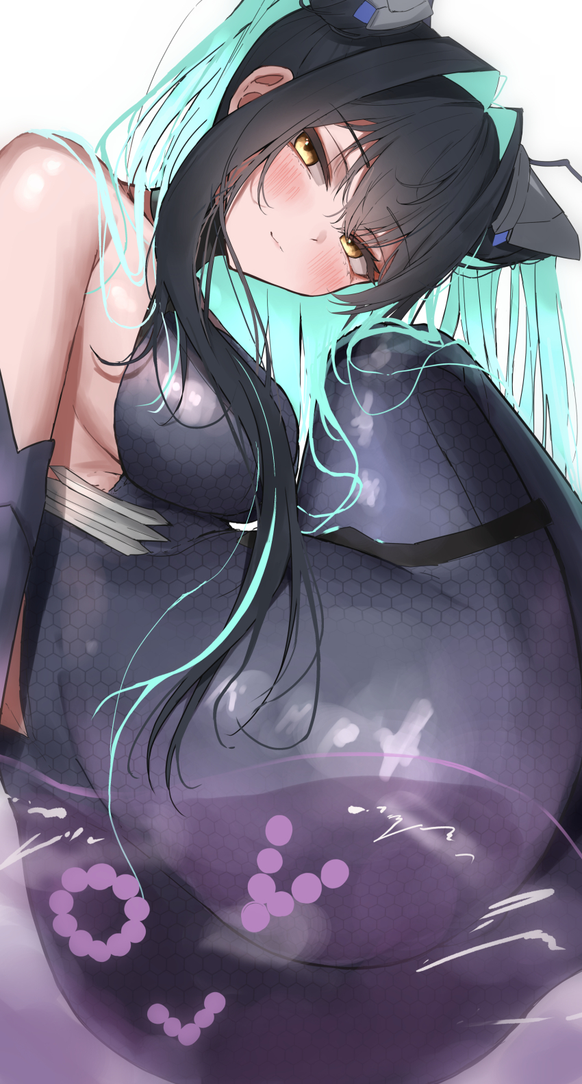 1girl absurdres aqua_hair ass back bare_shoulders black_hair blush bodystocking breasts elbow_gloves gloves goddess_of_victory:_nikke headgear highres iwazaki large_breasts little_mermaid_(nikke) long_hair looking_at_viewer multicolored_hair simple_background solo two-tone_hair white_background yellow_eyes