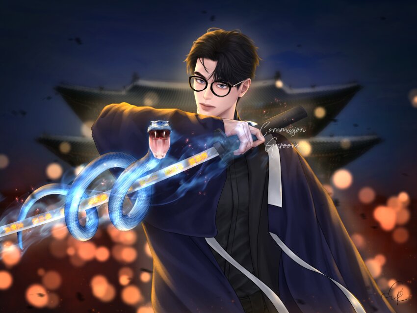 1boy absurdres architecture black_hair black_shirt blue_cloak blue_eyes blue_snake cloak east_asian_architecture glasses glowing_words guroom202 highres holding holding_sword holding_weapon katana lamppost magic night original ribbon shirt snake sword text_on_weapon weapon white_ribbon